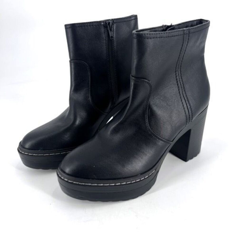 Sun + Stone Women's Faux Leather Block Heels‎ Ankle Boots Shoes Black Size 9